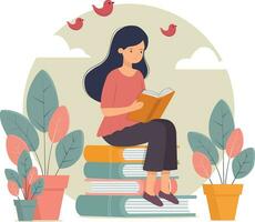 A girl reading a book while sitting on the stack of books vector