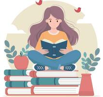 A girl reading a book while sitting on the stack of books vector