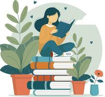 A girl reading a book while sitting on the stack of books vector