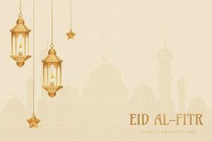 eid mubarak greeting card with lanterns and mosque background vector