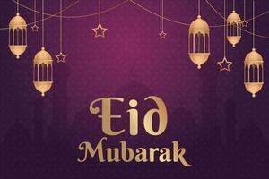 eid mubarak greeting card with lanterns and mosque background vector