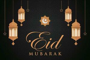 eid mubarak greeting card with lanterns and stars vector