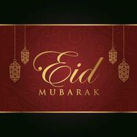 eid mubarak greeting card with gold stars and crescent vector