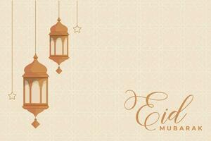 eid mubarak greeting card with lanterns and mosque background vector