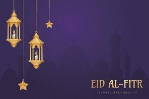 eid mubarak greeting card with hanging lanterns and stars vector