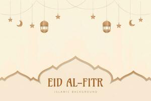 eid mubarak greeting card with lanterns and mosque background vector