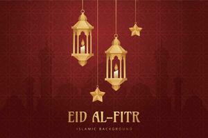 eid mubarak greeting card with hanging lanterns and stars vector