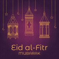 eid al fitr mubarak greeting card with lanterns and stars on background vector