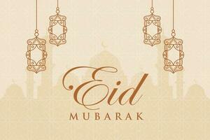 eid mubarak greeting card with lanterns and mosque background vector