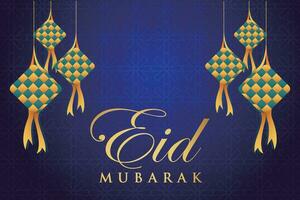 eid mubarak greeting card with hanging lanterns and geometric pattern background vector