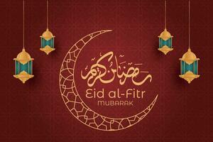 eid al fitr mubarak greeting card with lanterns and crescent vector