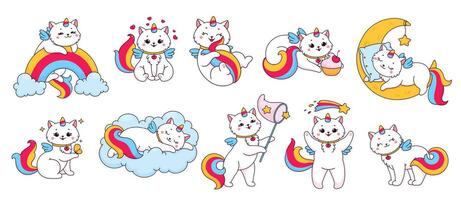 caticorn caracteres, dibujos animados gracioso gatito unicornio vector