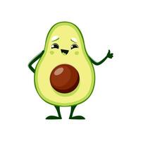 Cartoon cheerful avocado character smile, thumb up vector