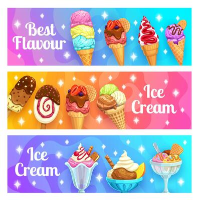 Cartoon ice cream stick and cone, sundae, ice pop