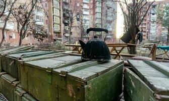 destroyed and burned houses in the city Russia Ukraine war photo