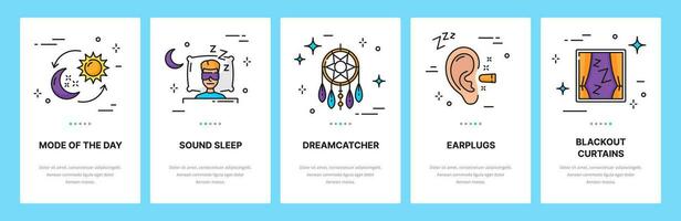 Sleep line icons, mobile app onboarding screen vector