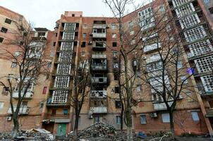 destroyed and burned houses in the city Russia Ukraine war photo