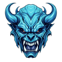 AI generated Illustration of a monster head with horns and aggressive facial expression png