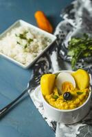 Typical Peruvian dish called Aji de gallina with a portion of rice on a blue background. photo