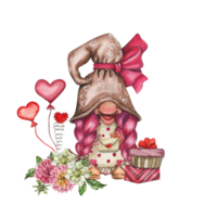 Composition with Valentines Nordic gnomes, gift boxes and flowers. png