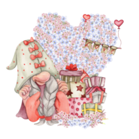 Composition with Valentines Nordic gnomes, gift boxes and flowers. png