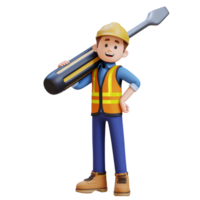 3D Construction Worker Character Carrying Big Screwdriver on Shoulder png