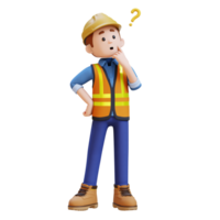 3d construction ouvrier personnage confus et en pensant pose png