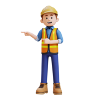 3d construção trabalhador personagem apontando para a certo pose png