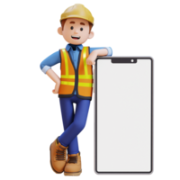 3D Construction Worker Character Lying on Large Empty Phone Screen png