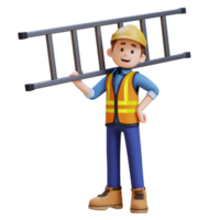 3d bouw arbeider karakter draag- ladder Aan schouder png