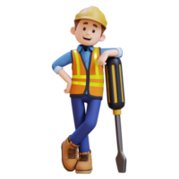 3d construcción trabajador personaje acostado en grande destornillador png