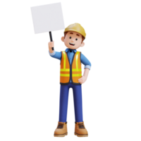 3D Construction Worker Character Holding Empty Placard png