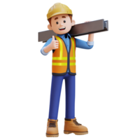 3d construcción trabajador personaje que lleva acero en hombro png