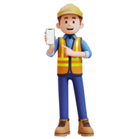 3D Construction Worker Character Pointing to Empty Phone Screen png