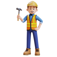3d bouw arbeider karakter Holding hamer in zelfverzekerd houding png