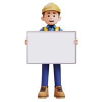 3D Construction Worker Character Holding Empty Placard png