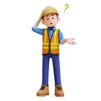 3d construction ouvrier personnage confus et en pensant pose png