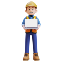 3D Construction Worker Character Holding Laptop with Empty Screen png