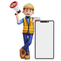 3D Construction Worker Character Holding Megaphone and Lying on Big Empty Phone Screen png