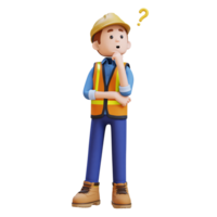 3d construção trabalhador personagem confuso e pensando pose png