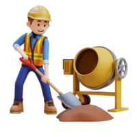 3D Construction Worker Character Work with Shovel and a Concrete Mixer Making Cement png