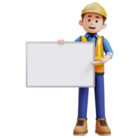 3D Construction Worker Character Holding Empty Placard png