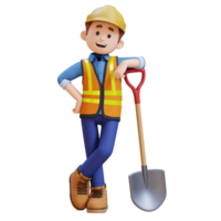 3D Construction Worker Character Lying on a Shovel png