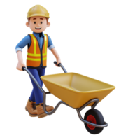 3D Construction Worker Character Work on Wheelbarrow png