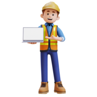 3D Construction Worker Character Presenting on Empty Computer Screen png