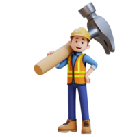 3D Construction Worker Character Carrying Big Hammer on Shoulder png