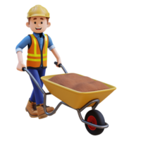 3D Construction Worker Character Carrying Cement with Wheelbarrow png