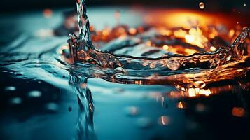 AI generated Water splashes and drops on a black background. Shallow depth of field photo