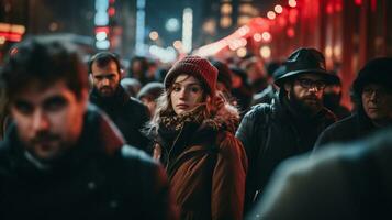 AI generated Young woman in winter clothes walking in the city at night. Shallow depth of field. photo