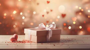 AI generated Valentine's day background with gift box and hearts on wooden table photo